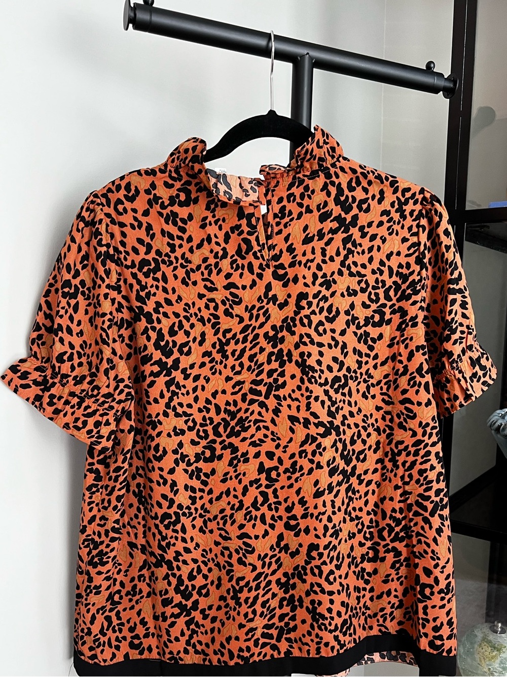 THML Orange and Black Leopard Print Ruffle Neck Blouse - Picture 2 of 4